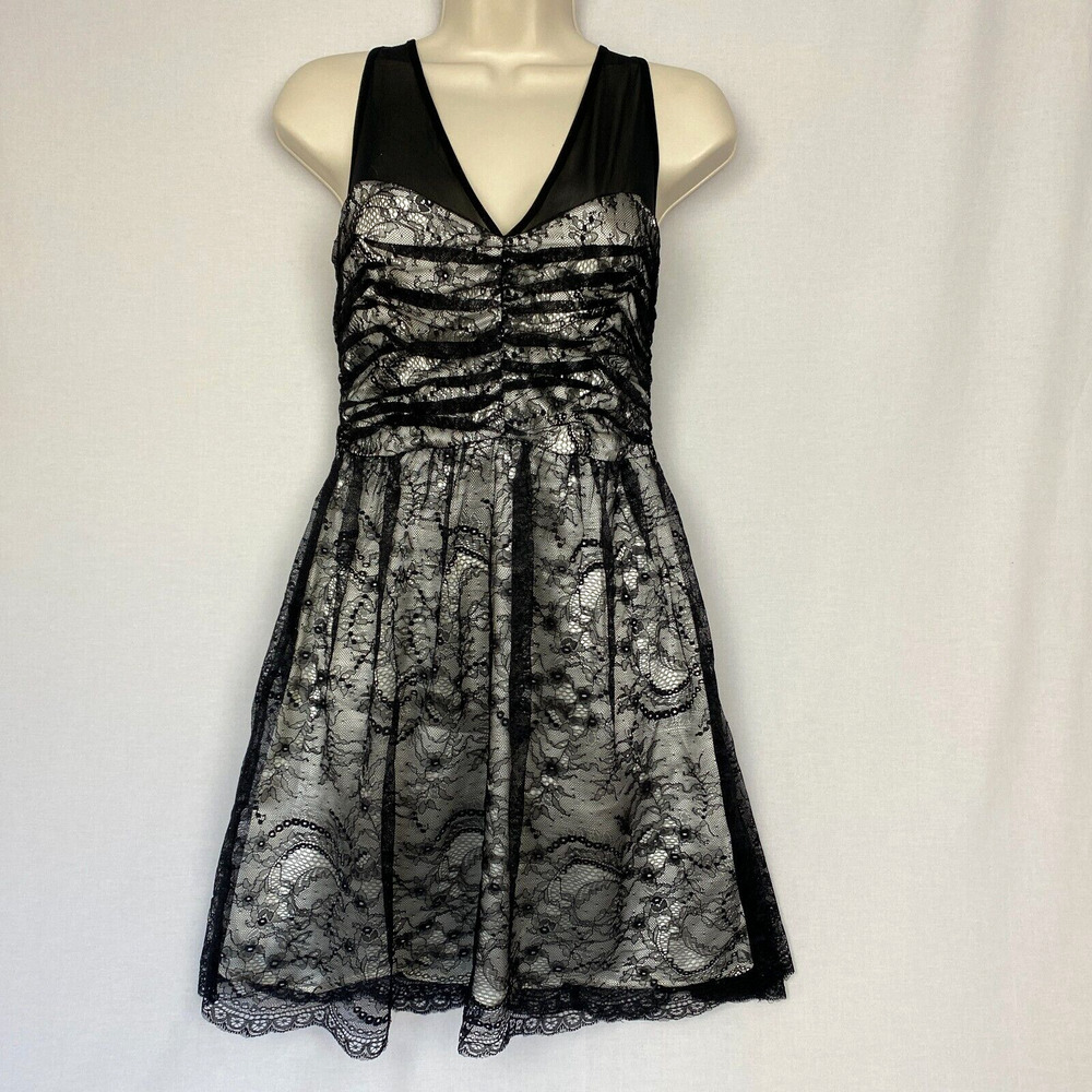 Bebe Dress Womens Small Black Illusion Lace Retro Mini Party Ruched Bustier Sexy